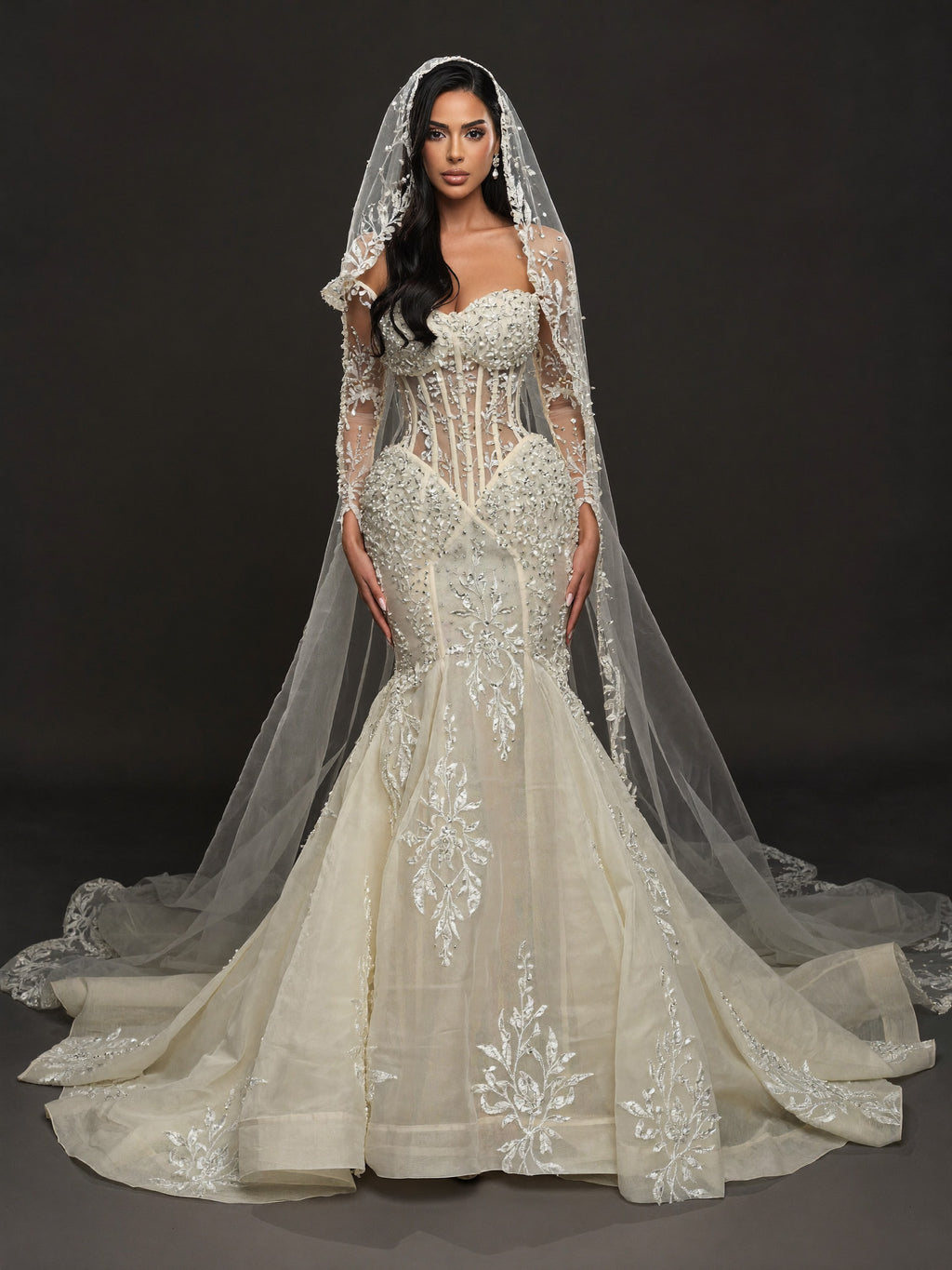 Sheer Corset Bridal Dress with Lace Cathedral Veil – Ivory Pearl & Crystal Embellished Mermaid Wedding Gown