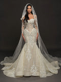 Sheer Corset Bridal Dress with Lace Cathedral Veil – Ivory Pearl & Crystal Embellished Mermaid Wedding Gown