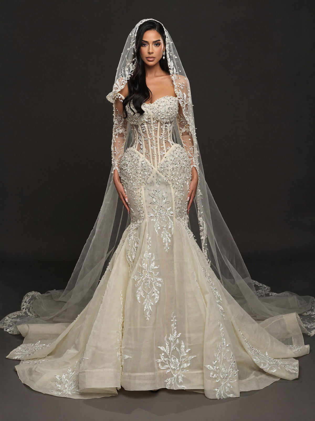 Sheer Corset Bridal Dress with Lace Cathedral Veil – Ivory Pearl & Crystal Embellished Mermaid Wedding Gown