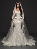 Sheer Corset Bridal Dress with Basque Peplum & Cathedral Veil – Ivory Pearl & Crystal Embellished Mermaid Wedding Gown