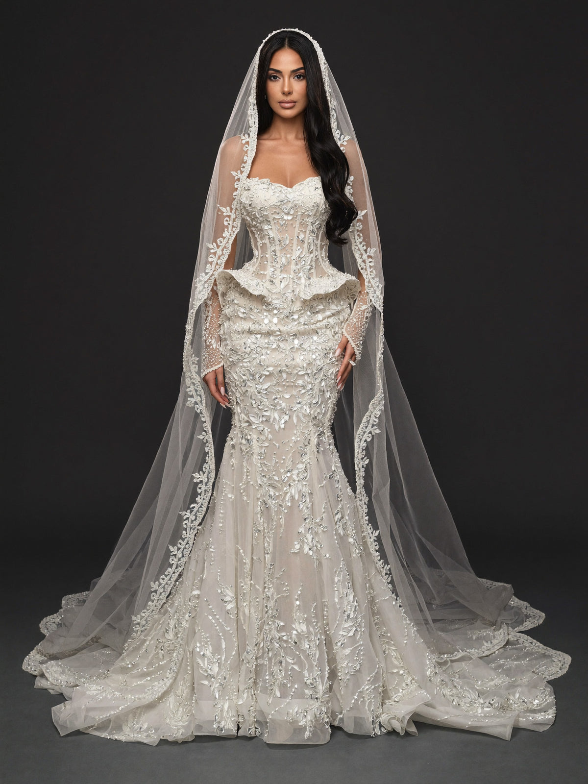 Sheer Corset Bridal Dress with Basque Peplum & Cathedral Veil – Ivory Pearl & Crystal Embellished Mermaid Wedding Gown