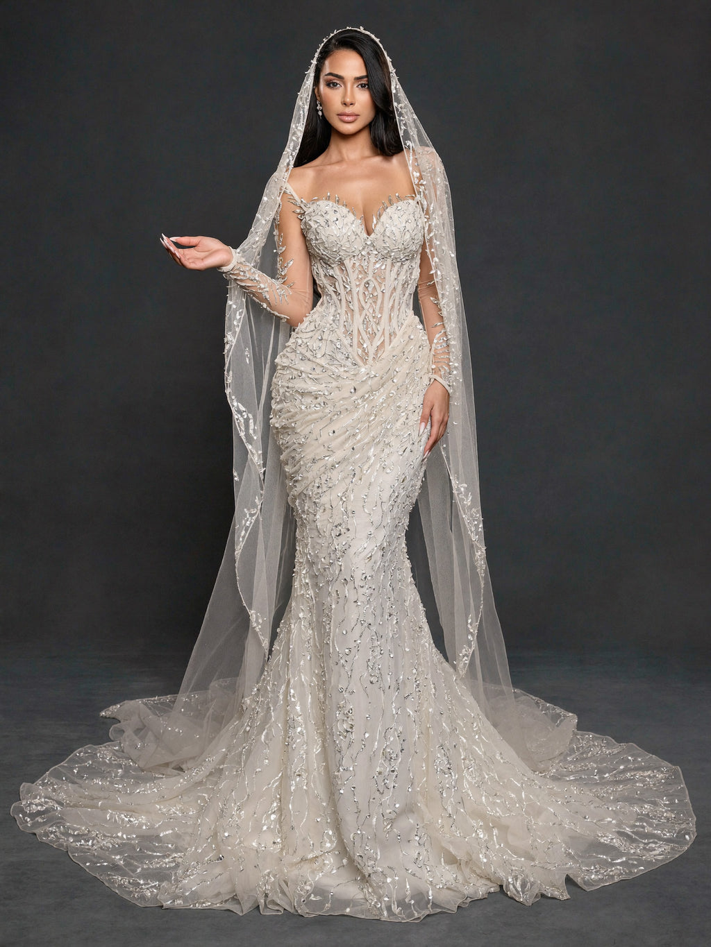 Sheer Corset Bridal Dress with Sweetheart Neckline & Cathedral Veil – Ivory Crystal Embellished Mermaid Wedding Gown