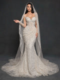 Sheer Corset Bridal Dress with Sweetheart Neckline & Cathedral Veil – Ivory Crystal Embellished Mermaid Wedding Gown