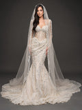 Sheer Sweetheart Bridal Dress with Long Sleeves & Cathedral Veil – Ivory Crystal Embellished Corset Mermaid Wedding Gown