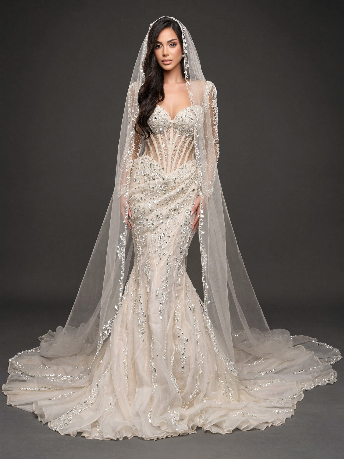 Sheer Sweetheart Bridal Dress with Long Sleeves & Cathedral Veil – Ivory Crystal Embellished Corset Mermaid Wedding Gown