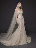 Long Sleeve Lace Corset Bridal Dress with Cathedral Veil – Ivory Crystal Embellished Mermaid Wedding Gown