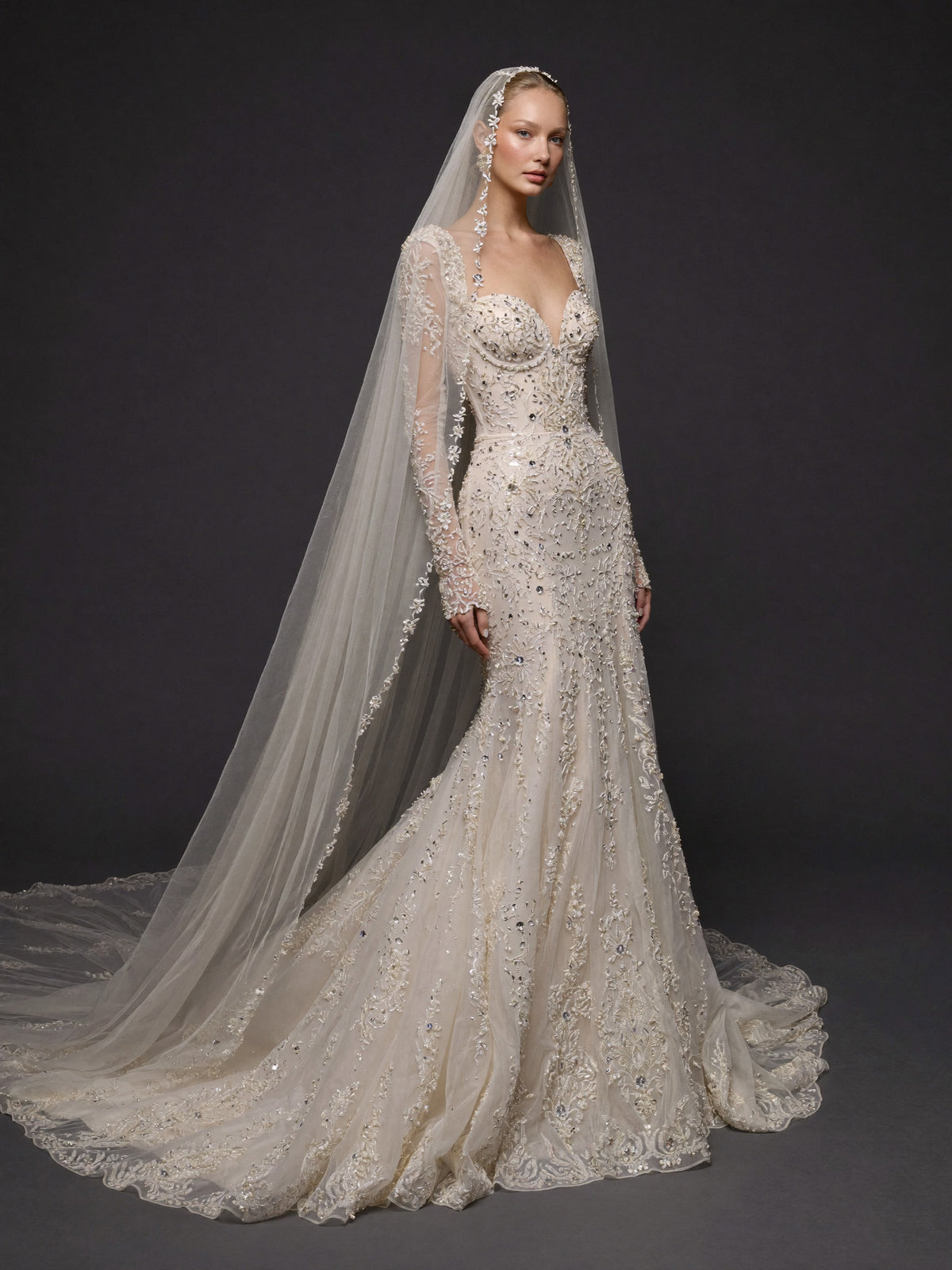 Long Sleeve Lace Corset Bridal Dress with Cathedral Veil – Ivory Crystal Embellished Mermaid Wedding Gown