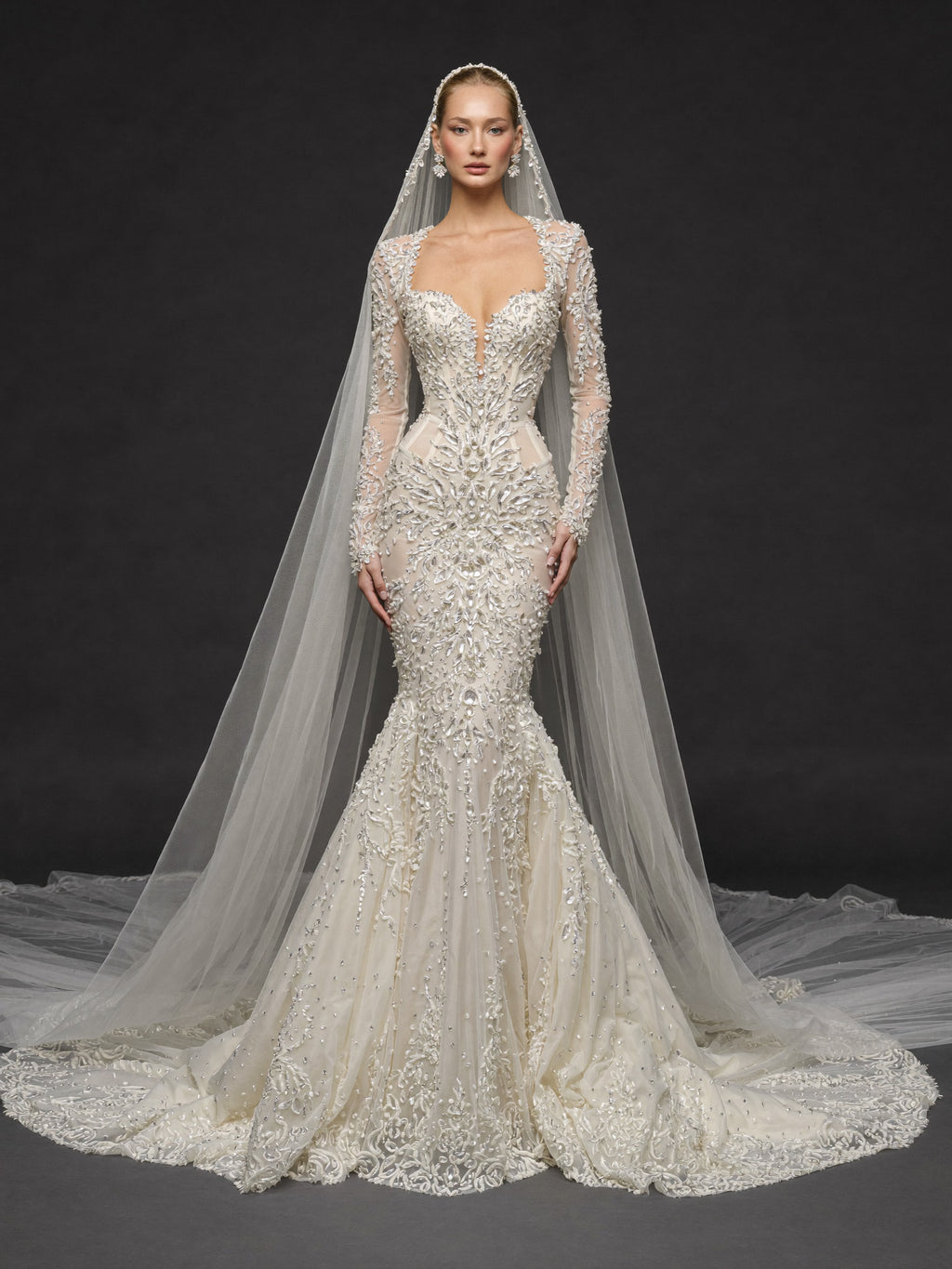 Long Sleeve Illusion Corset Bridal Dress with Cathedral Veil – Ivory Crystal Embellished Mermaid Wedding Gown