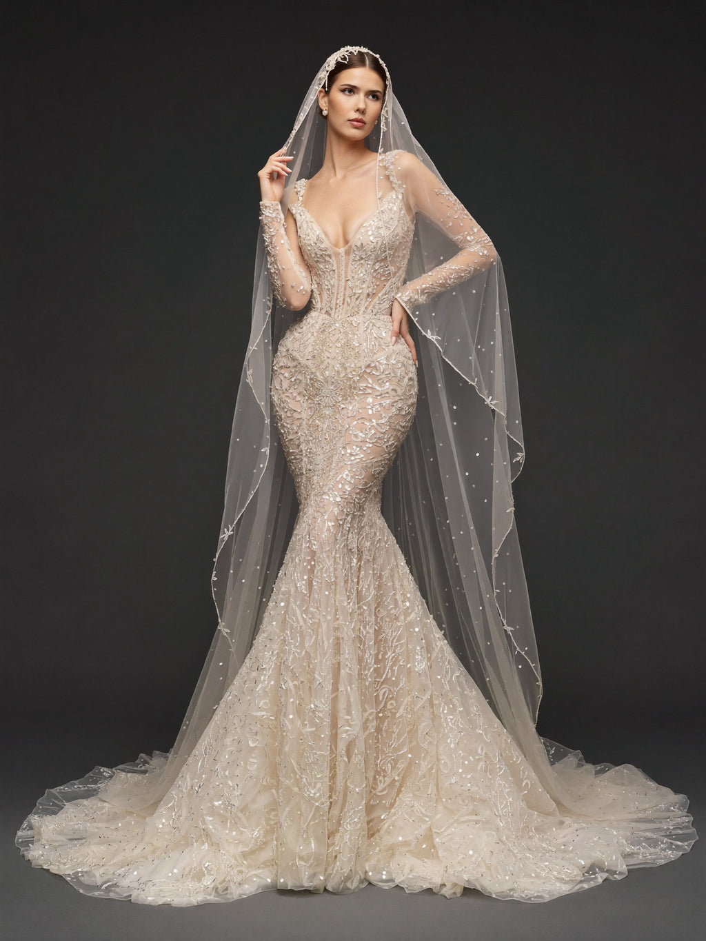 Illusion Corset Bridal Dress with Long Sleeves & Cathedral Veil – Ivory Beaded Mermaid Wedding Gown