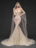 Illusion Corset Bridal Dress with Long Sleeves & Cathedral Veil – Ivory Beaded Mermaid Wedding Gown