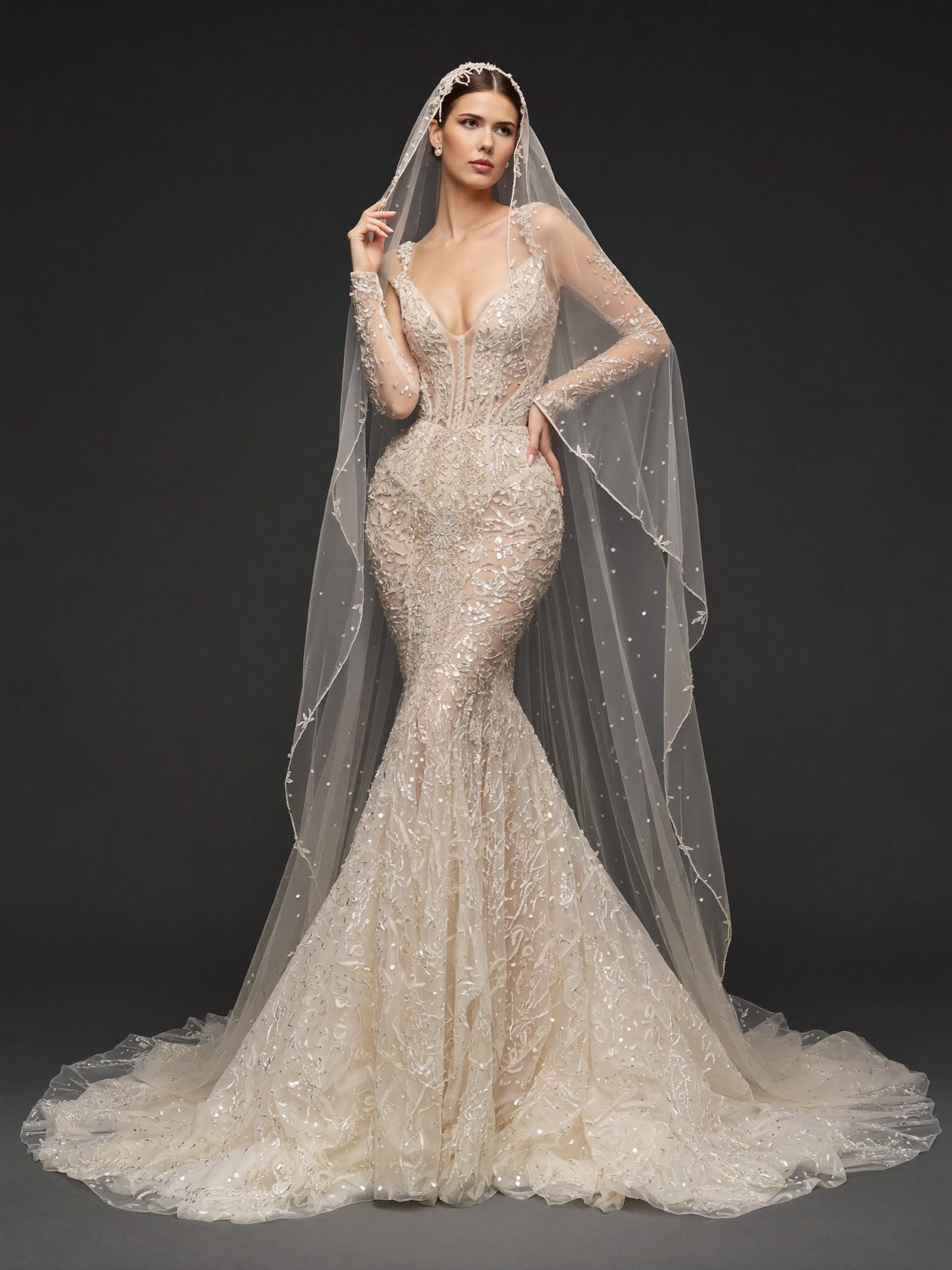 Illusion Corset Bridal Dress with Long Sleeves & Cathedral Veil – Ivory Beaded Mermaid Wedding Gown