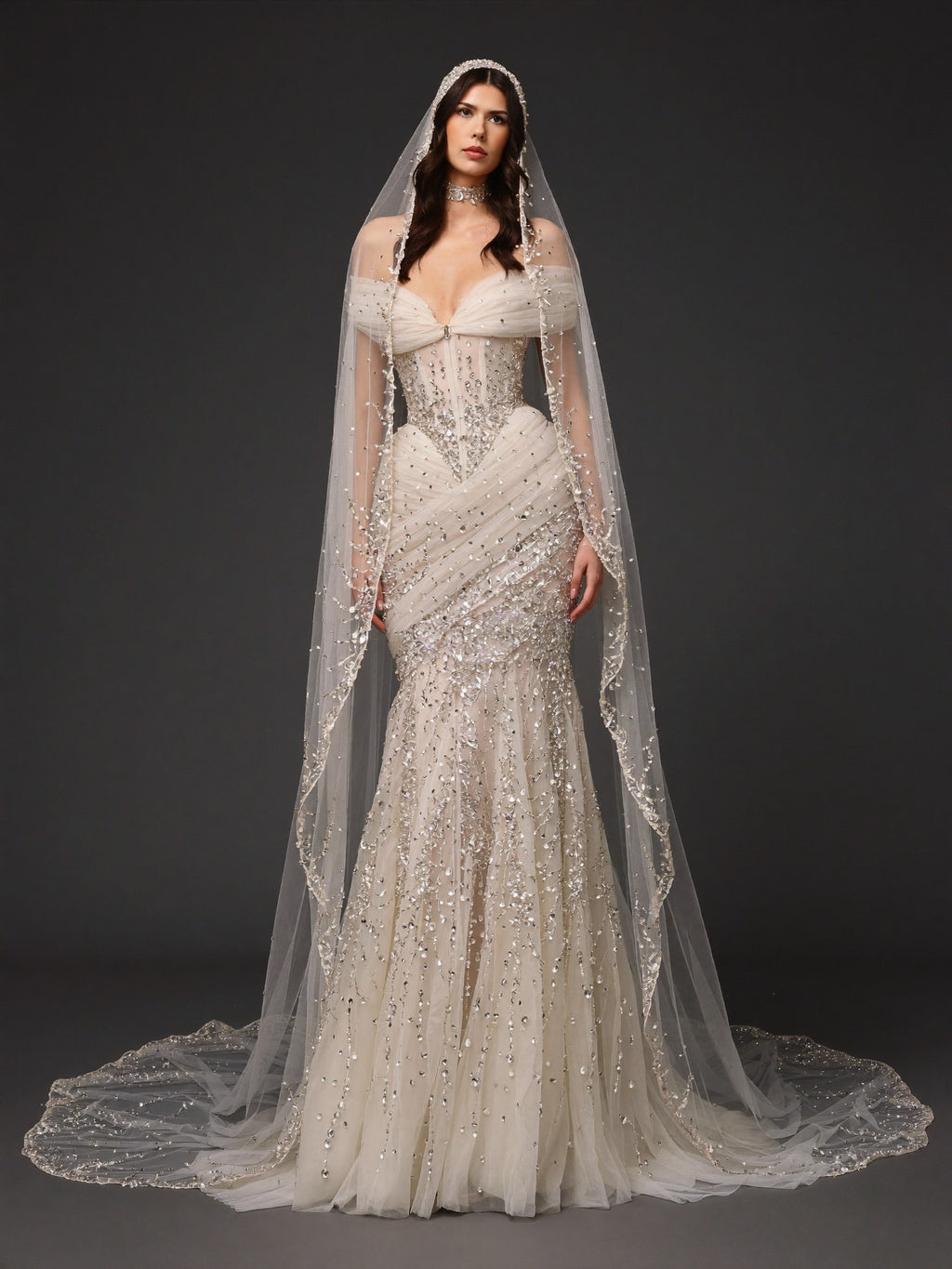 Champagne Tulle Draped Mermaid Bridal Gown – Off-Shoulder Crystal Beaded Corset Wedding Dress with Cathedral Veil