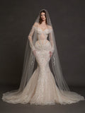 Nude Illusion Corset Mermaid Wedding Dress – Off-Shoulder Crystal Embroidered Bridal Gown with Sheer Long Sleeves and Cathedral Veil