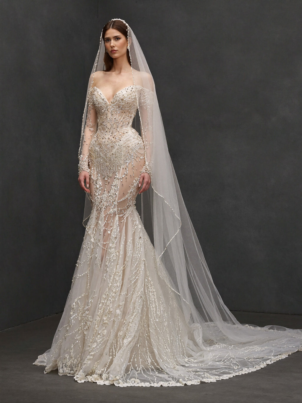 Champagne Illusion Lace Mermaid Wedding Dress – Off-Shoulder Crystal Embroidered Corset Bridal Gown with Sheer Sleeves and Cathedral Veil