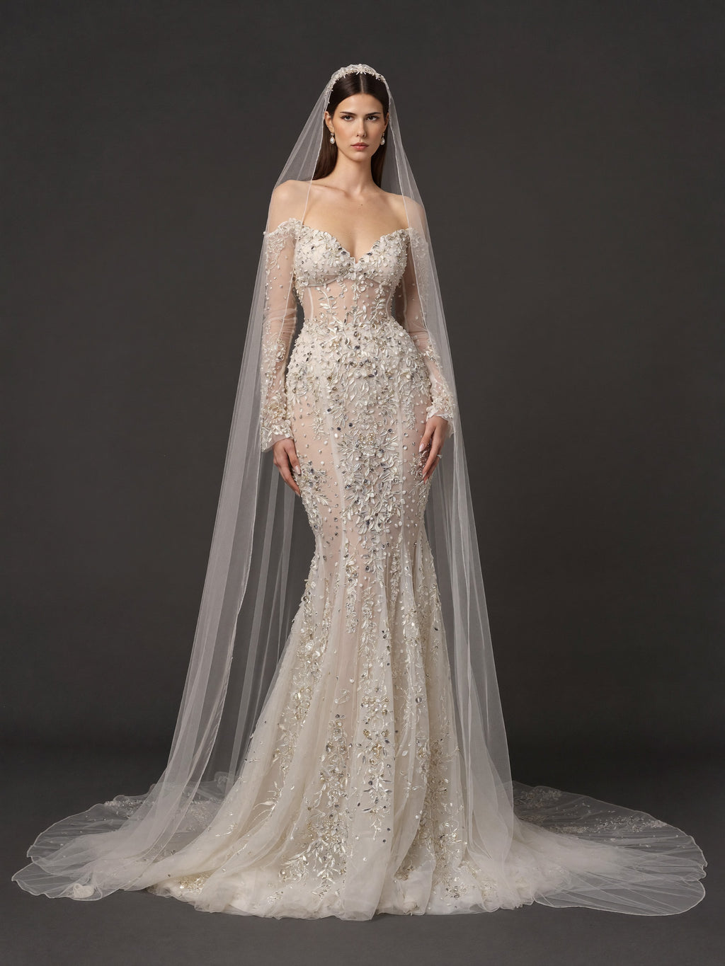 Ivory Floral Crystal Embroidered Mermaid Wedding Dress – Off-Shoulder Illusion Corset Bridal Gown with 3D Flowers and Cathedral Veil