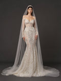 Ivory Floral Crystal Embroidered Mermaid Wedding Dress – Off-Shoulder Illusion Corset Bridal Gown with 3D Flowers and Cathedral Veil