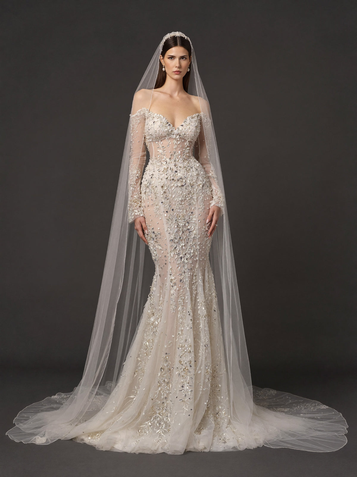 Ivory Floral Crystal Embroidered Mermaid Wedding Dress – Off-Shoulder Illusion Corset Bridal Gown with 3D Flowers and Cathedral Veil