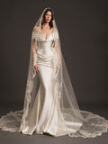 Pearl White Satin Corset Wedding Dress – Off-Shoulder Draped Mermaid Bridal Gown with Crystal Neckline and Embroidered Cathedral Veil