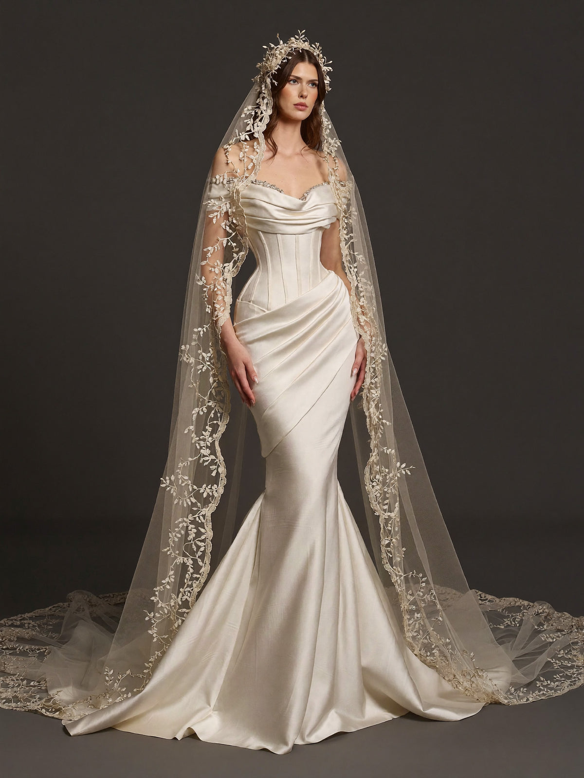 Champagne Satin Draped Corset Mermaid Wedding Dress – Off-Shoulder Bridal Gown with Lace-Up Back and Floral Cathedral Veil