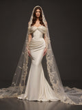 Champagne Pearl Satin Mermaid Wedding Dress – Draped Off-Shoulder Corset Bridal Gown with Floral Embroidered Cathedral Veil