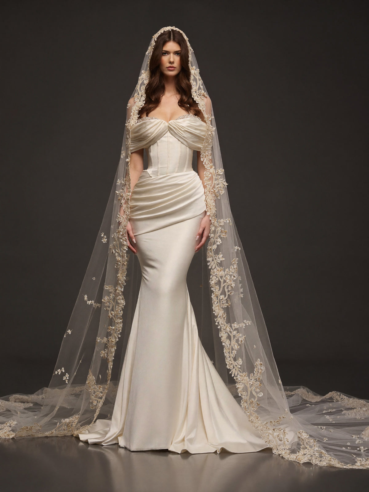 Champagne Pearl Satin Mermaid Wedding Dress – Draped Off-Shoulder Corset Bridal Gown with Floral Embroidered Cathedral Veil
