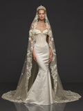 Off-Shoulder Sweetheart Corset & Botanical Lace Cathedral Veil – Sculpted Basque Waist Satin Mermaid Wedding Dress
