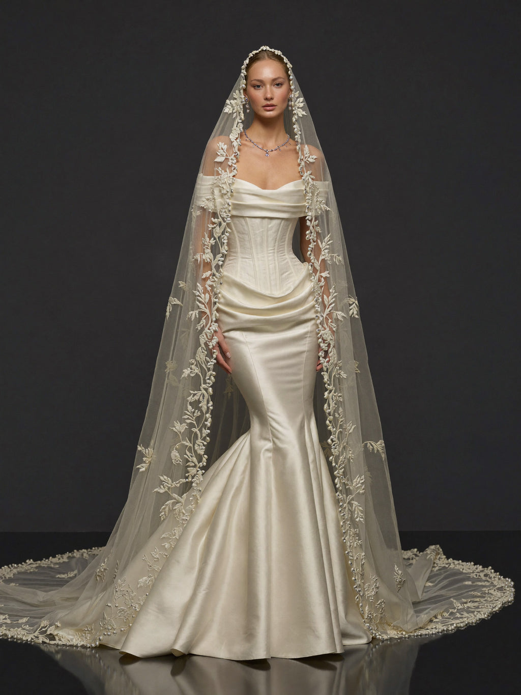 Pearl Ivory Draped Satin Bridal Gown – Sculpted Corset Bodice, Off-Shoulder Neckline & Floral Lace Cathedral Veil