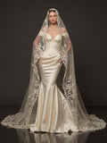 Champagne Satin Sweetheart Mermaid Bridal Gown – Draped Off-Shoulder Sleeves, Structured Corset & Floral Lace Cathedral Veil