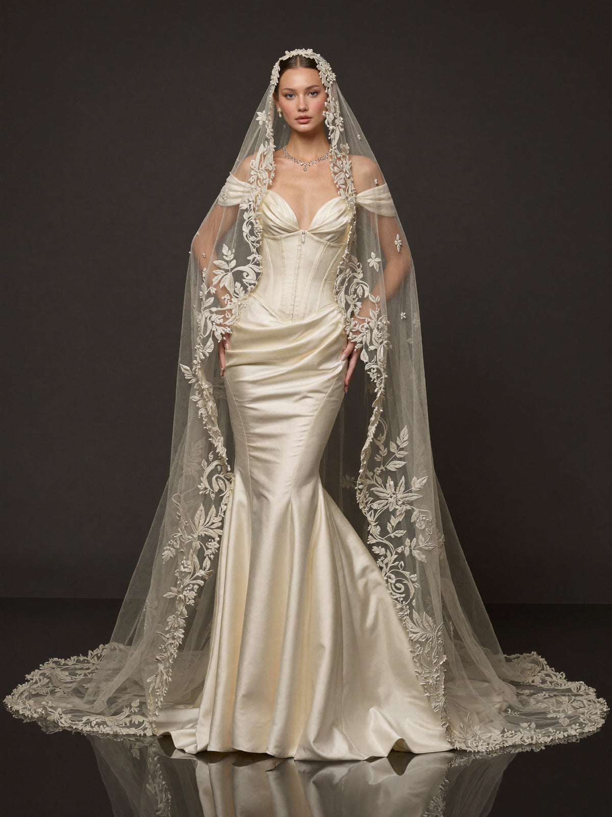 Champagne Satin Sweetheart Mermaid Bridal Gown – Draped Off-Shoulder Sleeves, Structured Corset & Floral Lace Cathedral Veil