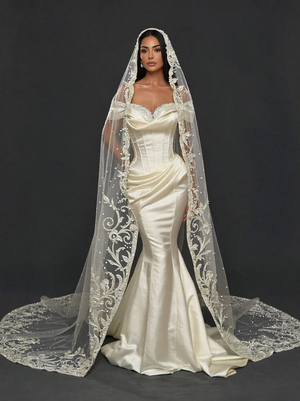 Champagne Satin Off-Shoulder Mermaid Wedding Dress – Pearl Beaded Sweetheart Neckline with Sculpted Corset & Embroidered Cathedral Veil