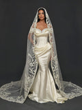 Champagne Satin Off-Shoulder Mermaid Wedding Dress – Pearl Beaded Sweetheart Neckline with Sculpted Corset & Embroidered Cathedral Veil