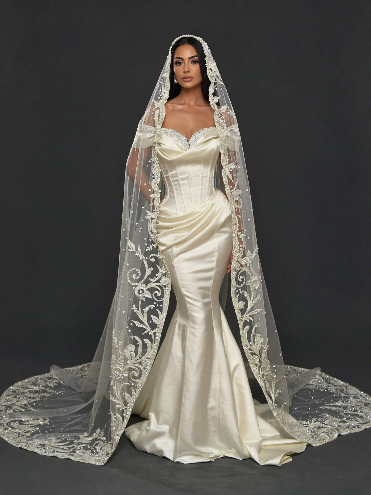 Champagne Satin Off-Shoulder Mermaid Wedding Dress – Pearl Beaded Sweetheart Neckline with Sculpted Corset & Embroidered Cathedral Veil