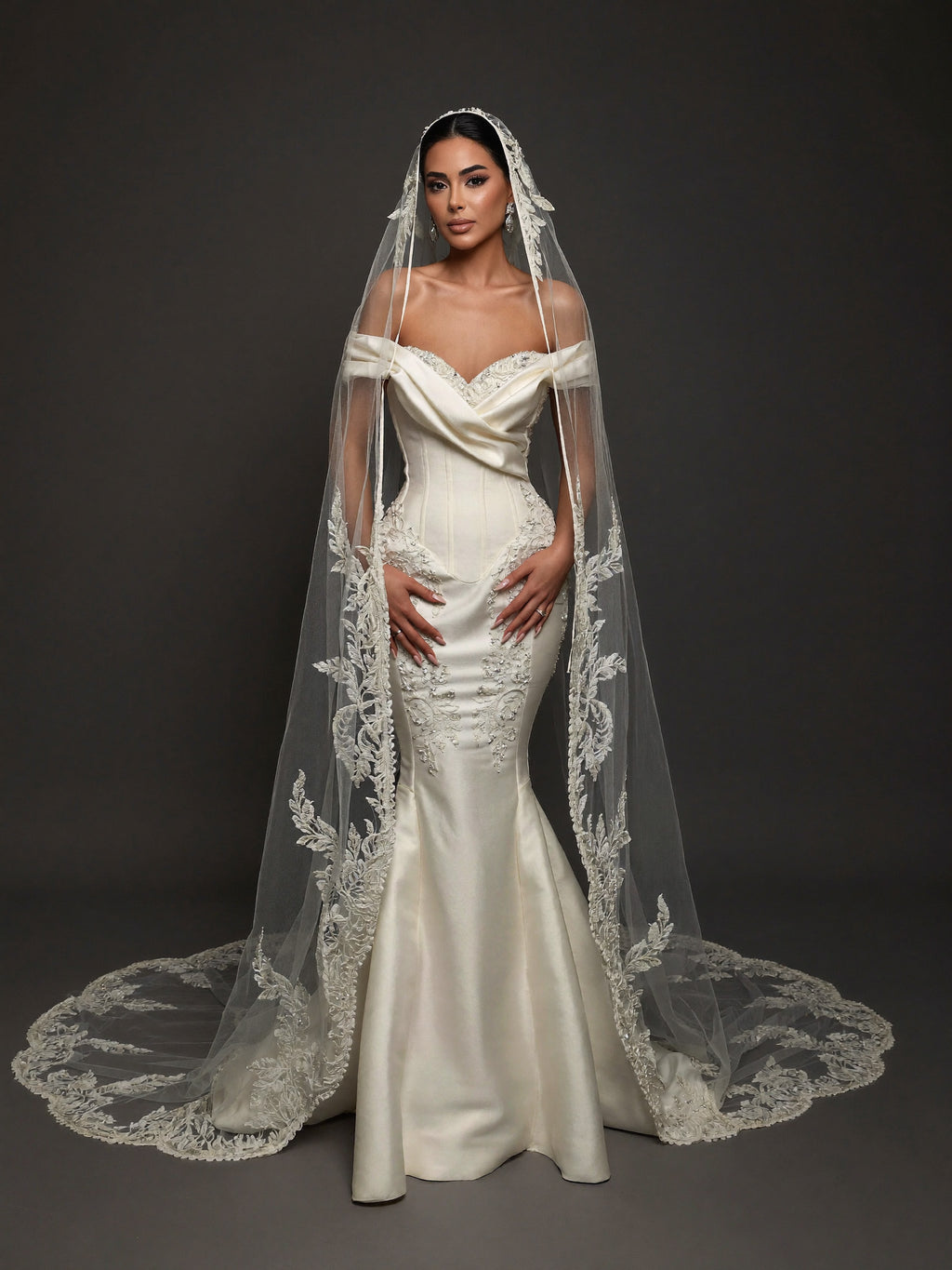 Pearl Embroidered Satin Mermaid Wedding Dress – Off-Shoulder Draped Sweetheart Neckline with Sculpted Corset & Floral Lace Cathedral Veil