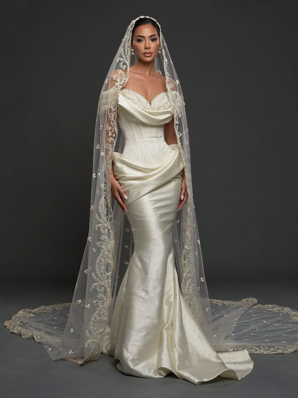 Pearl Embroidered Sweetheart Bridal Gown – Draped Satin Mermaid Silhouette with Sculpted Corset & Cathedral Lace Veil