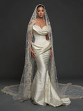 Pearl Embroidered Sweetheart Bridal Gown – Draped Satin Mermaid Silhouette with Sculpted Corset & Cathedral Lace Veil