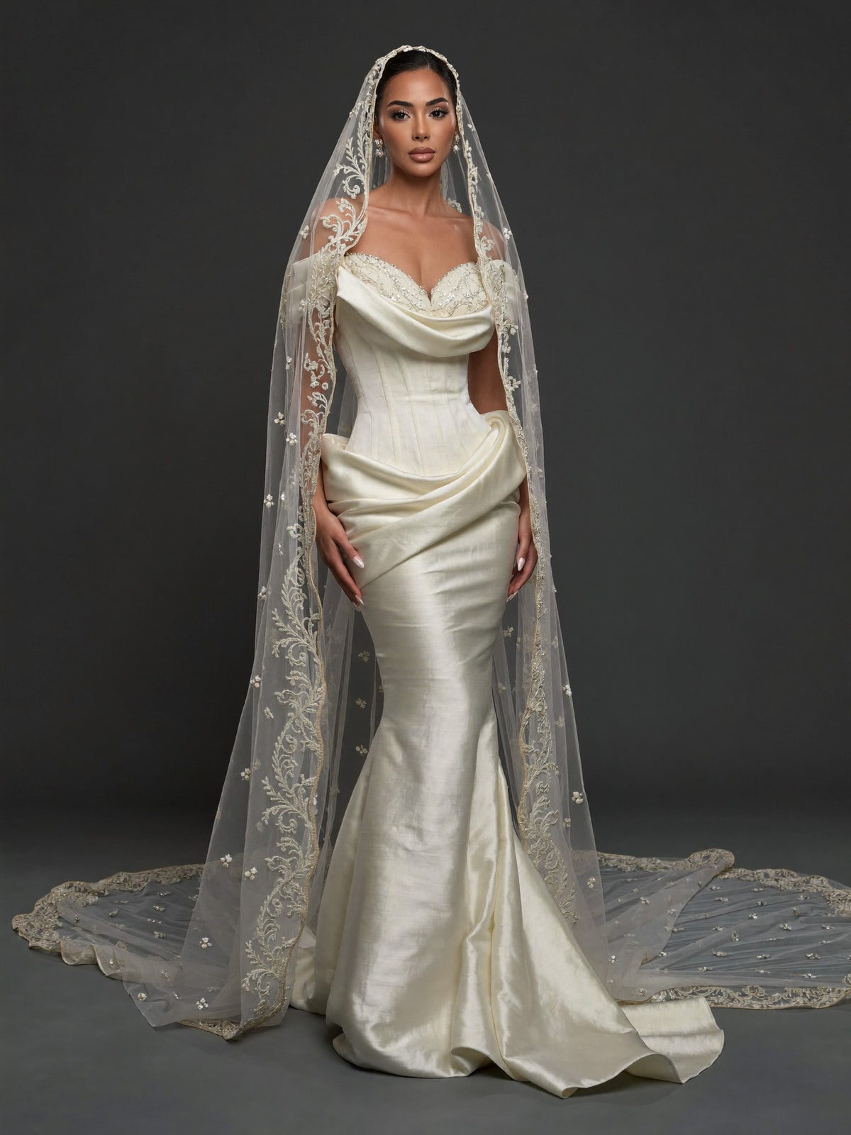 Pearl Embroidered Sweetheart Bridal Gown – Draped Satin Mermaid Silhouette with Sculpted Corset & Cathedral Lace Veil