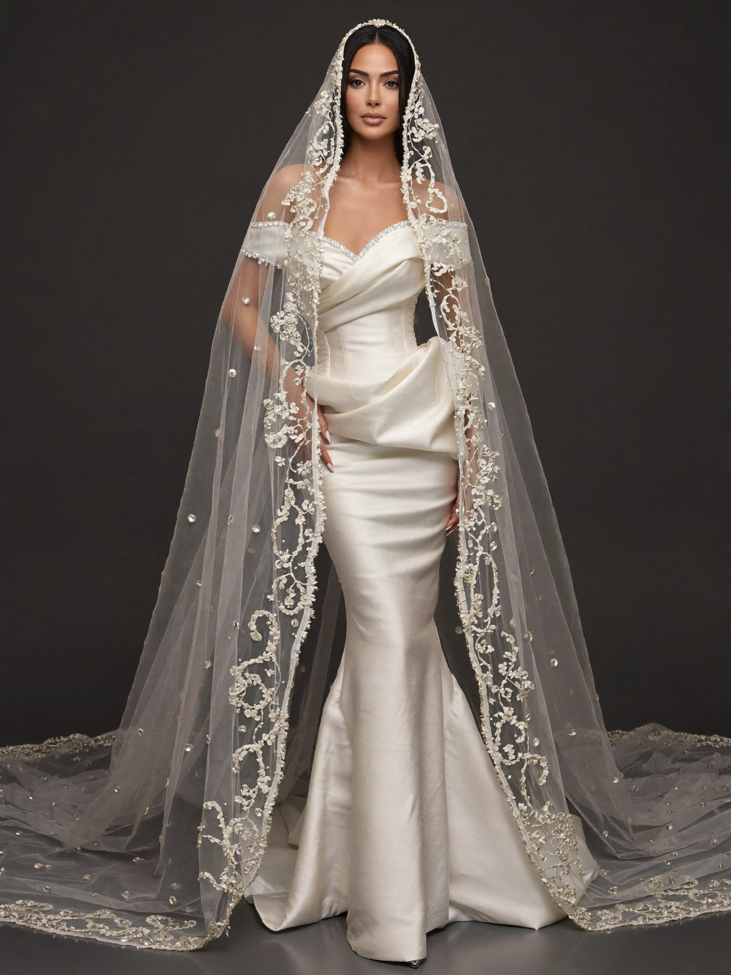 Pearl-Trimmed Satin Mermaid Wedding Dress – Off-Shoulder Draped Corset Gown with Sculpted Hip Detail & Floral Lace Cathedral Veil