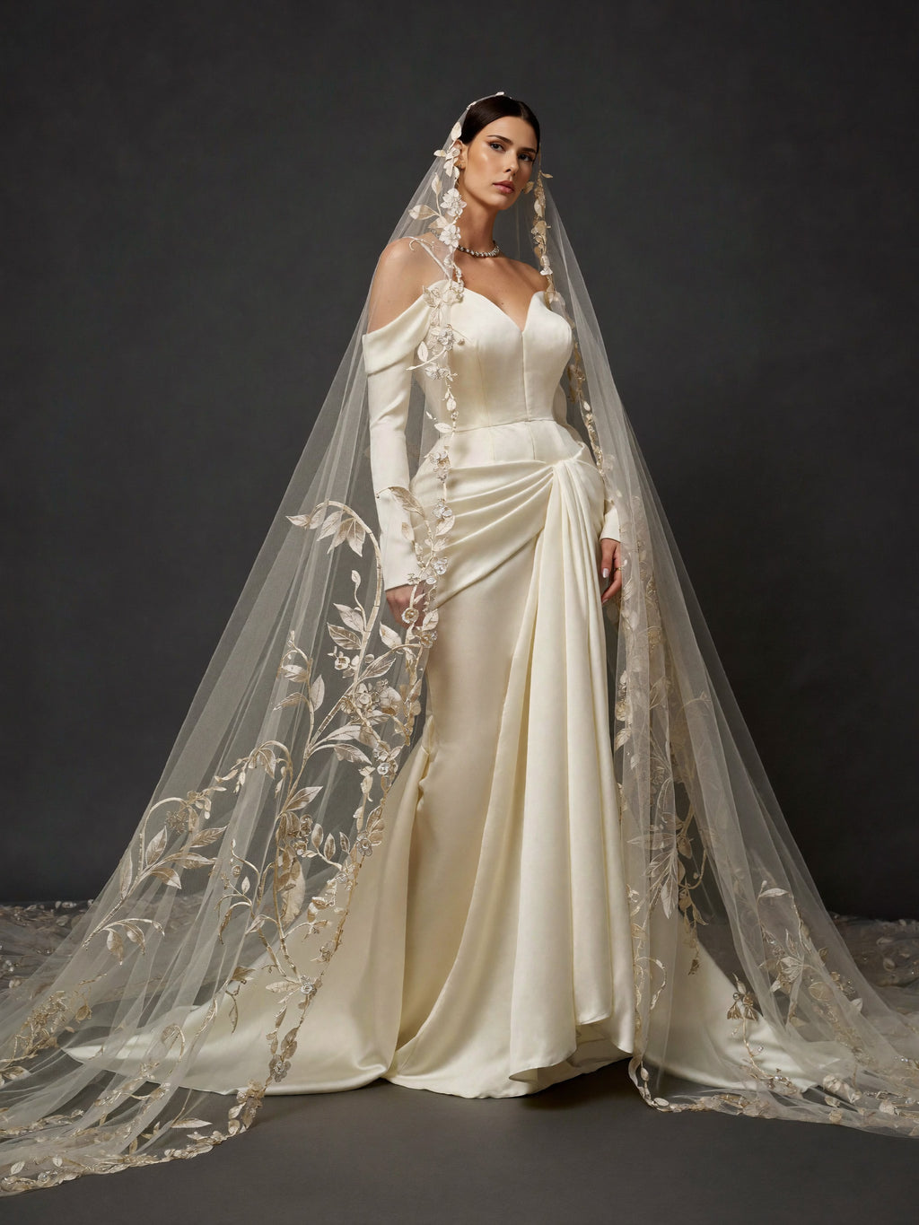 Champagne Ivory Satin Draped Mermaid Wedding Gown – Off-Shoulder Long Sleeves, Sweetheart Neckline & Floral Embroidered Cathedral Veil