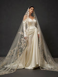 Champagne Ivory Satin Draped Mermaid Wedding Gown – Off-Shoulder Long Sleeves, Sweetheart Neckline & Floral Embroidered Cathedral Veil