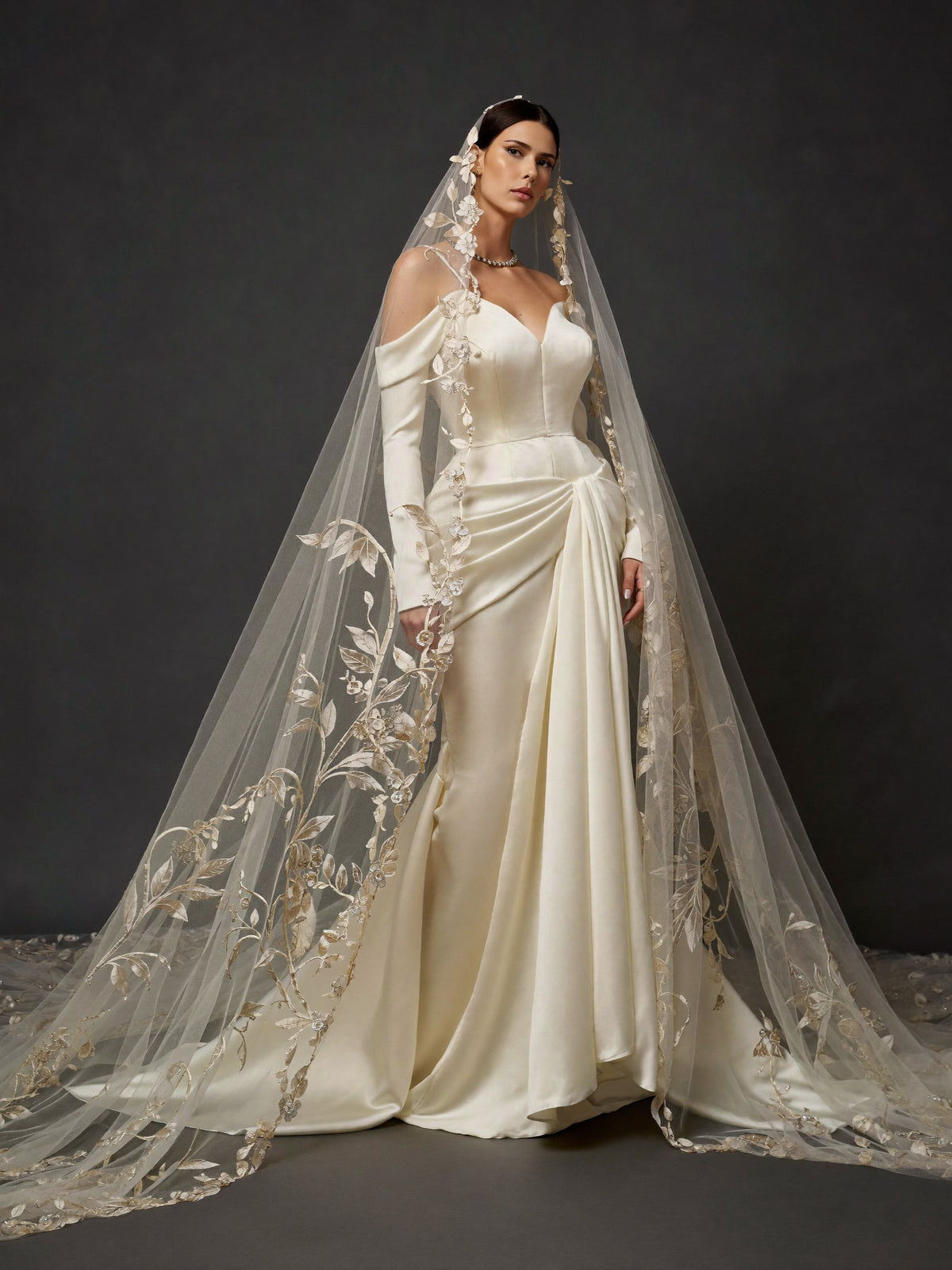 Champagne Ivory Satin Draped Mermaid Wedding Gown – Off-Shoulder Long Sleeves, Sweetheart Neckline & Floral Embroidered Cathedral Veil