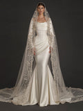 Pearl White Satin Corset Mermaid Wedding Gown – Draped Cowl Neckline, Long Sleeves & Embroidered Cathedral Veil