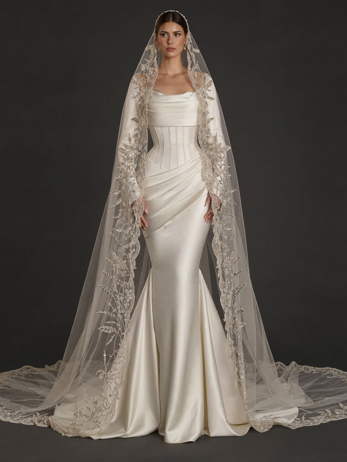 Pearl White Satin Corset Mermaid Wedding Gown – Draped Cowl Neckline, Long Sleeves & Embroidered Cathedral Veil
