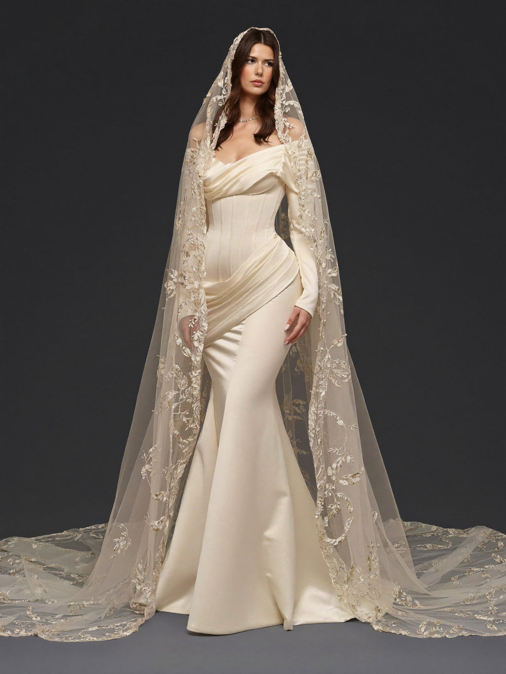 Pearl Champagne Satin Mermaid Wedding Dress – Draped Off-Shoulder Neckline, Sculpted Corset & Floral Embroidered Cathedral Veil