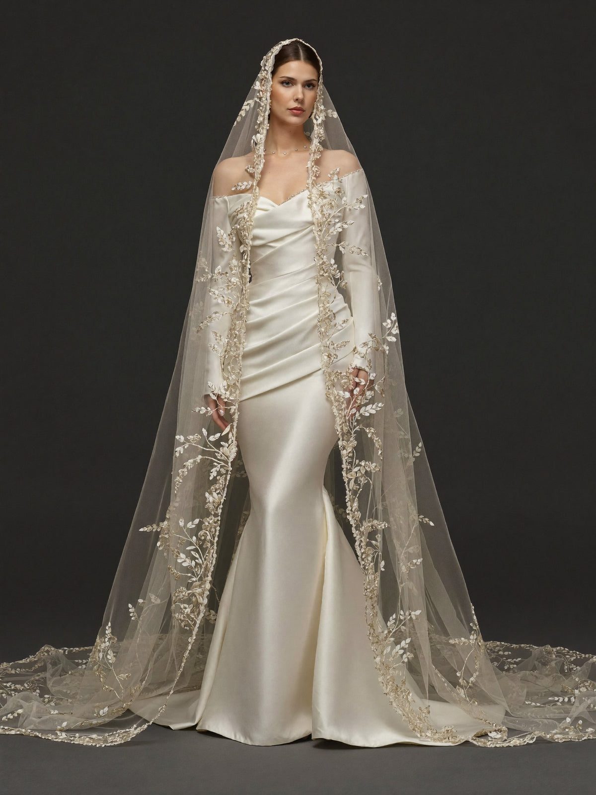 Champagne White Satin Off-Shoulder Mermaid Wedding Dress – Asymmetric Draped Bodice, Long Sleeves & Floral Embroidered Cathedral Veil