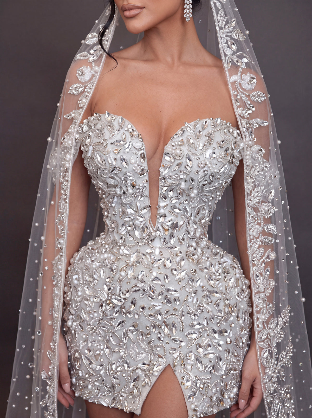 Ivory Crystal Embellished Bridal Mini Dress – Off-Shoulder Corset Wedding Dress with Cathedral Veil