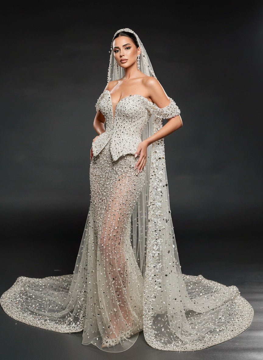Ivory Crystal Embellished Sheer Bridal Gown – Off-Shoulder Corset Wedding Dress with Cathedral Veil