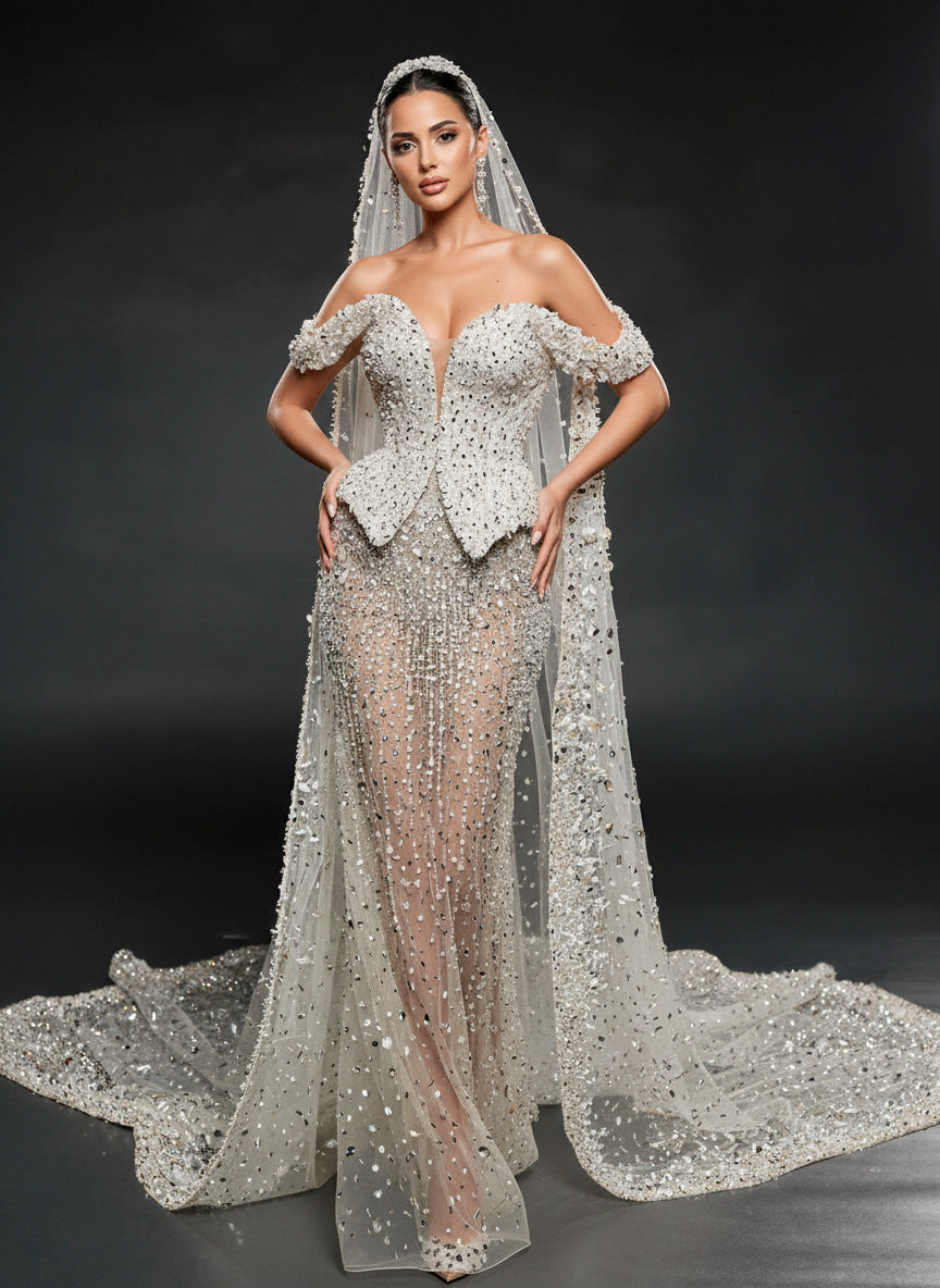 Ivory Crystal Embellished Sheer Bridal Gown – Off-Shoulder Corset Wedding Dress with Cathedral Veil
