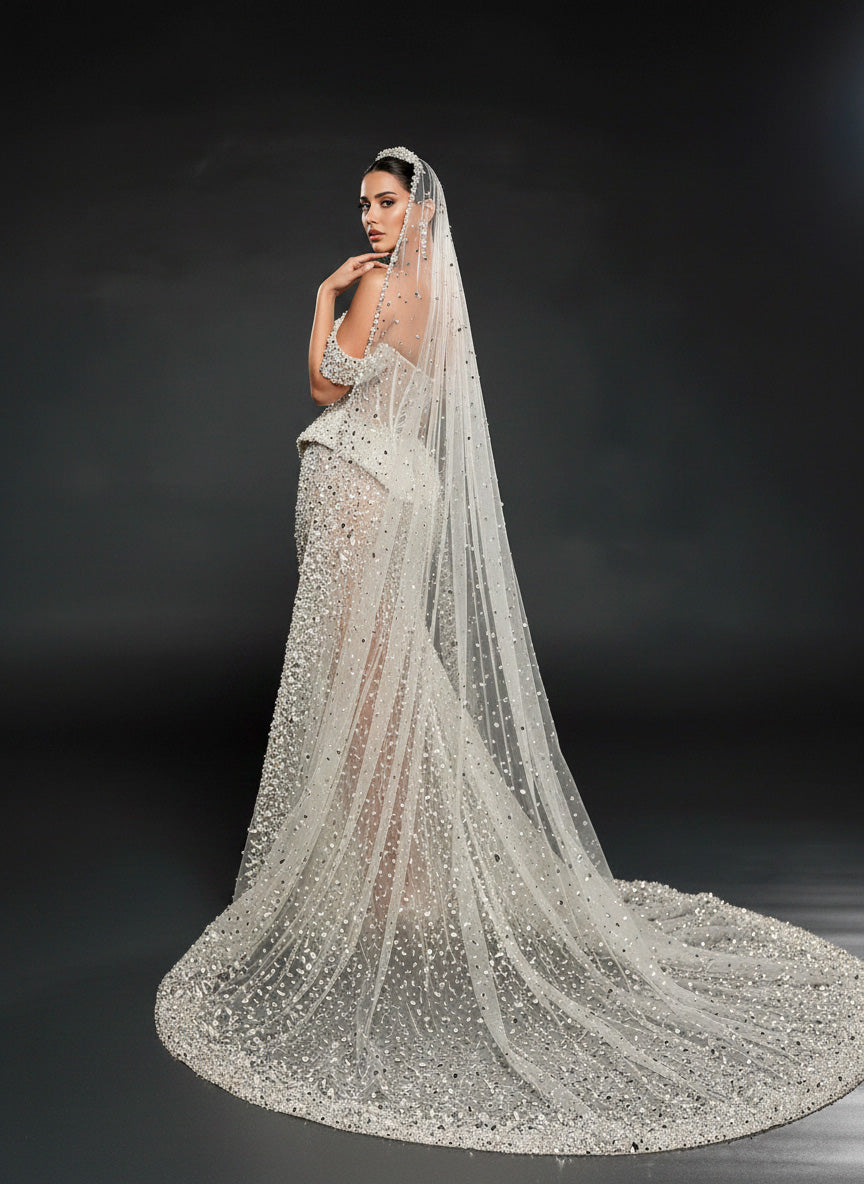 Ivory Crystal Embellished Sheer Bridal Gown – Off-Shoulder Corset Wedding Dress with Cathedral Veil