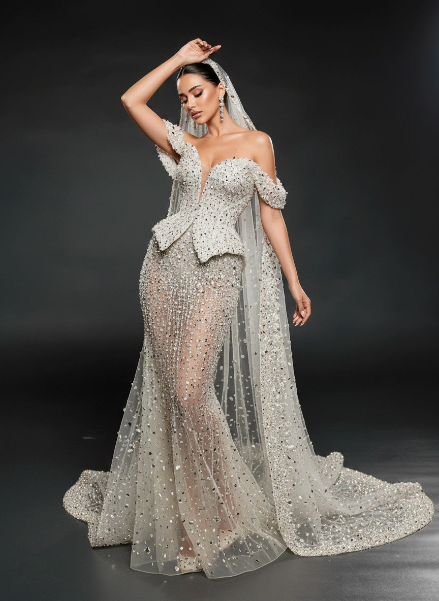 Ivory Crystal Embellished Sheer Bridal Gown – Off-Shoulder Corset Wedding Dress with Cathedral Veil