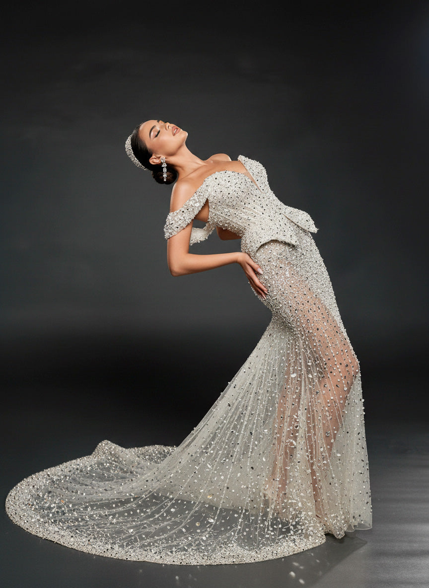 Ivory Crystal Embellished Sheer Bridal Gown – Off-Shoulder Corset Wedding Dress with Cathedral Veil